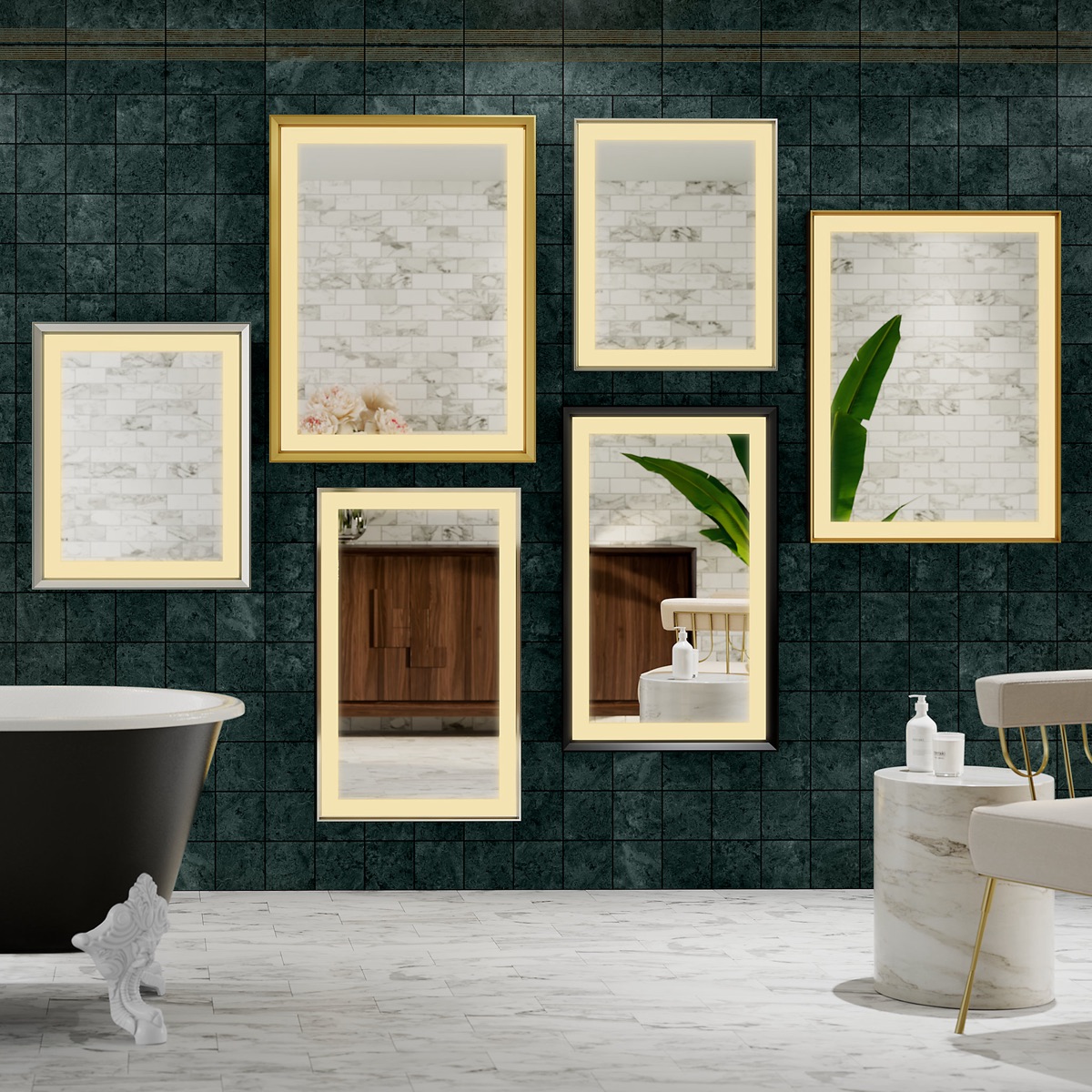 Framed Lighted Mirrors, 27IN X 33IN, Chamfer Museum Frame, Matte Black, 2700K,
